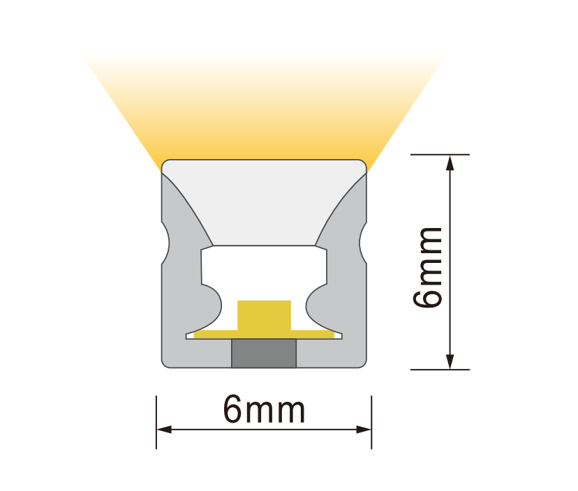 Cross-section diagram of 6x6mm mini top bend neon flex LED strip showing light emission pattern
