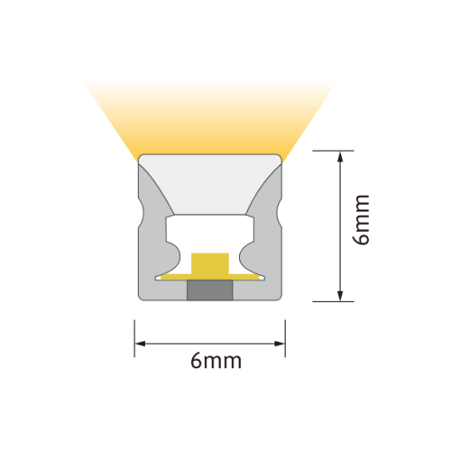 Cross-sectional diagram of a Heliflex HFP0606TB top bend neon flex mini 6x6mm IP67.