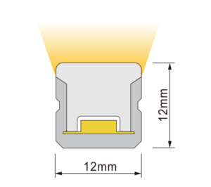 Cross-section of 12x12mm top bend neon flex LED strip showing light emission pattern