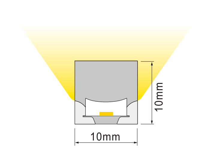 Cross-section diagram of 10x10mm three-sided luminous top bend neon flex LED strip with wide light distribution