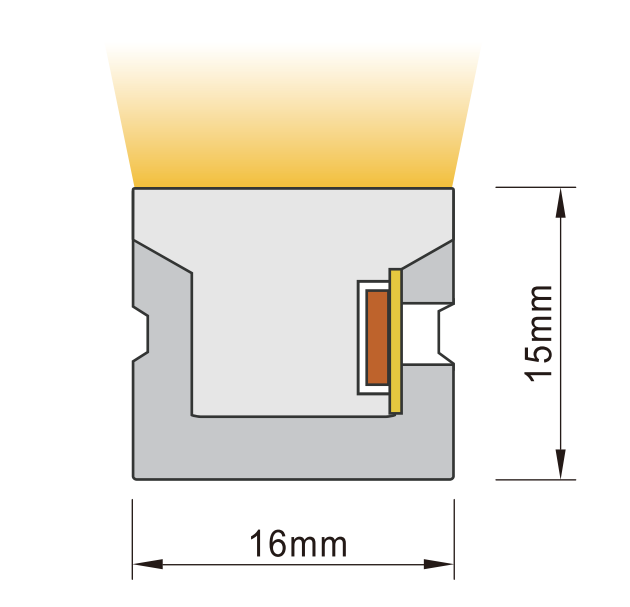 Cross-section diagram of 16x15mm side bend LED neon flex, HF1615SB.LR15