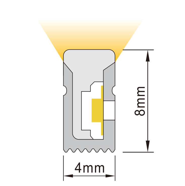 Cross-sectional diagram of HF0408SB LED neon flex light with 4x8mm dimensions and side bend lighting direction