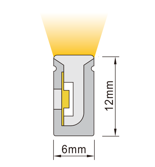 Cross-sectional diagram of 6x12mm side-bend LED neon flex extrusion showing light direction and dimensions.