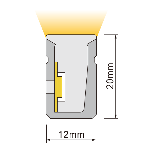 Side view technical diagram of HF1220SB.LRHE5 12x20mm side bend neon flex