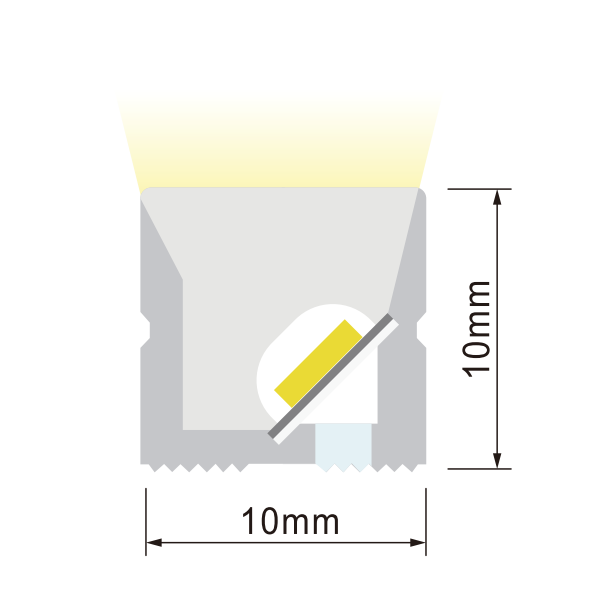 Cross-section diagram of HF1010DB dual bend 10x10mm LED neon flex showing internal LED position and light emission direction.