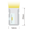 Cross section of IP68 side bend neon flex LED strip, 12mm width x 20mm height, showing light output direction