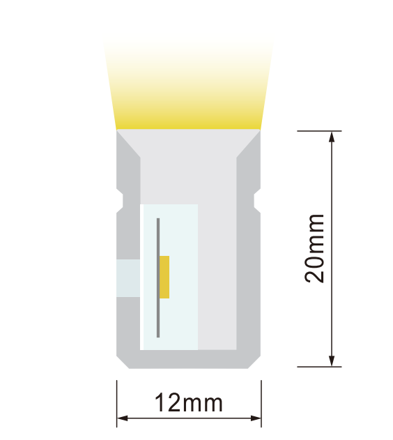 Cross section of IP68 side bend neon flex LED strip, 12mm width x 20mm height, showing light output direction
