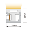 Cross-section diagram of HF2020SB 20x20mm side bend LED neon flex showing light output direction and profile dimensions.