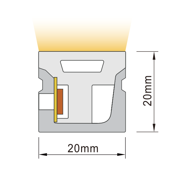 Cross-section diagram of HF2020SB 20x20mm side bend LED neon flex showing light output direction and profile dimensions.